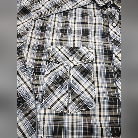Various Artist Blue Black Plaid Snap Pearl Front Shirt, sz LG - Picture 8 of 10